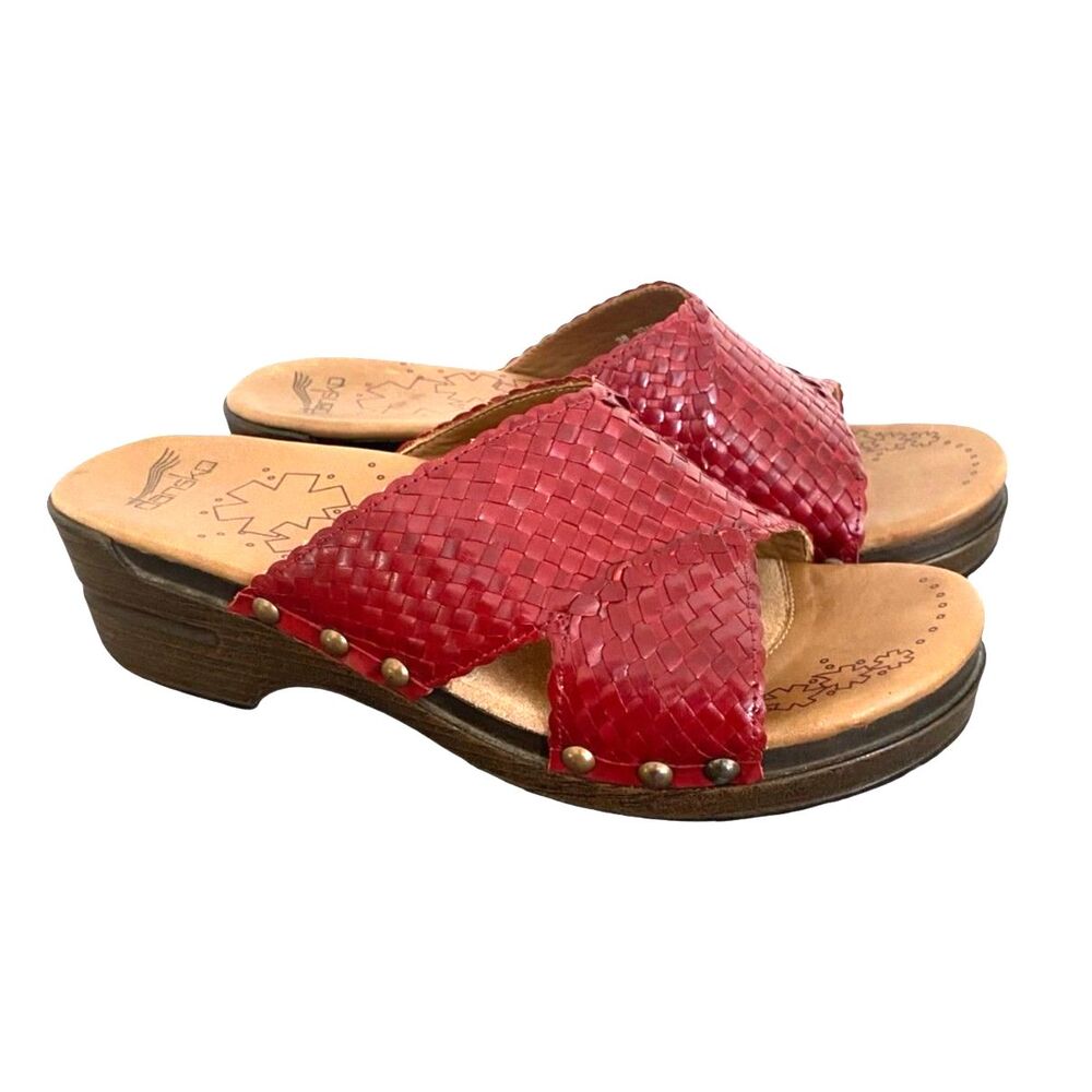 Dansko Mila Red Leather Sandals 38 Woven Criss Cross Straps Wooden Wedge Heel 8